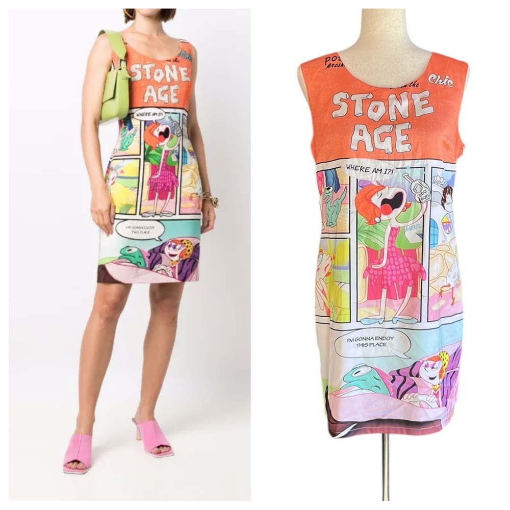 Stone Age Comic Print Sleeveless Mini Dress - Orange Multi